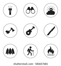 Set Of 9 Editable Camping Icons. Includes Symbols Such As Field Glasses, Sunrise, Ax And More. Can Be Used For Web, Mobile, UI And Infographic Design.