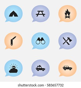 Set Of 9 Editable Camping Icons. Includes Symbols Such As Desk, Tepee, Fever And More. Can Be Used For Web, Mobile, UI And Infographic Design.