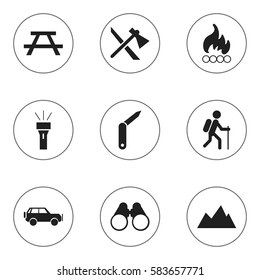 Set Of 9 Editable Camping Icons. Includes Symbols Such As Desk, Blaze, Gait And More. Can Be Used For Web, Mobile, UI And Infographic Design.