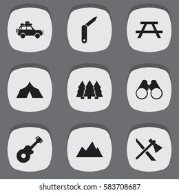 Set Of 9 Editable Camping Icons. Includes Symbols Such As Musical Instrument, Field Glasses, Clasp-Knife And More. Can Be Used For Web, Mobile, UI And Infographic Design.