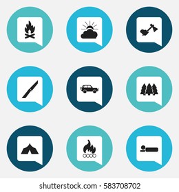 Set Of 9 Editable Camping Icons. Includes Symbols Such As Ax, Refuge, Pine And More. Can Be Used For Web, Mobile, UI And Infographic Design.