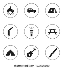 Set Of 9 Editable Camping Icons. Includes Symbols Such As Clasp-Knife, Musical Instrument, Lantern And More. Can Be Used For Web, Mobile, UI And Infographic Design.