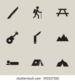Set Of 9 Editable Camping Icons. Includes Symbols Such As Clasp-Knife, Bedroll, Desk And More. Can Be Used For Web, Mobile, UI And Infographic Design.