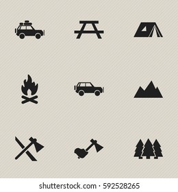 Set Of 9 Editable Camping Icons. Includes Symbols Such As Shelter, Sport Vehicle, Ax And More. Can Be Used For Web, Mobile, UI And Infographic Design.