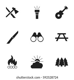 Set Of 9 Editable Camping Icons. Includes Symbols Such As Blaze, Lantern, Pine And More. Can Be Used For Web, Mobile, UI And Infographic Design.