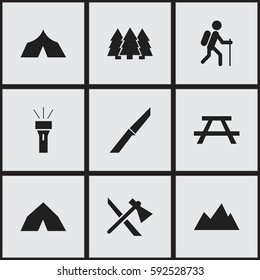 Set Of 9 Editable Camping Icons. Includes Symbols Such As Desk, Gait, Tepee And More. Can Be Used For Web, Mobile, UI And Infographic Design.