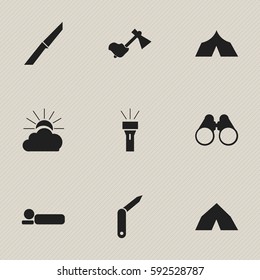 Set Of 9 Editable Camping Icons. Includes Symbols Such As Refuge, Lantern, Sunrise And More. Can Be Used For Web, Mobile, UI And Infographic Design.