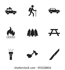 Set Of 9 Editable Camping Icons. Includes Symbols Such As Blaze, Voyage Car, Desk And More. Can Be Used For Web, Mobile, UI And Infographic Design.