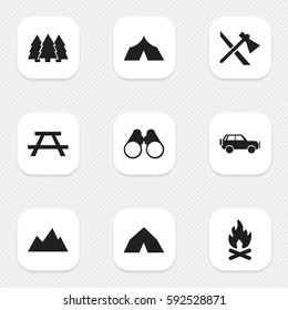 Set Of 9 Editable Camping Icons. Includes Symbols Such As Desk, Tomahawk, Fever And More. Can Be Used For Web, Mobile, UI And Infographic Design.
