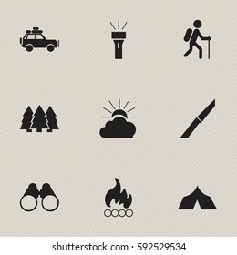 Set Of 9 Editable Camping Icons. Includes Symbols Such As Blaze, Gait, Pine And More. Can Be Used For Web, Mobile, UI And Infographic Design.