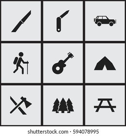 Set Of 9 Editable Camping Icons. Includes Symbols Such As Tepee, Gait, Pine And More. Can Be Used For Web, Mobile, UI And Infographic Design.
