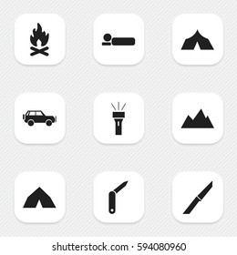 Set Of 9 Editable Camping Icons. Includes Symbols Such As Peak, Fever, Sport Vehicle And More. Can Be Used For Web, Mobile, UI And Infographic Design.