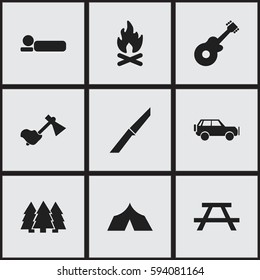 Set Of 9 Editable Camping Icons. Includes Symbols Such As Bedroll, Knife, Desk And More. Can Be Used For Web, Mobile, UI And Infographic Design.