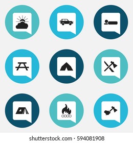 Set Of 9 Editable Camping Icons. Includes Symbols Such As Blaze, Ax, Tomahawk And More. Can Be Used For Web, Mobile, UI And Infographic Design.