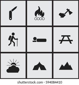 Set Of 9 Editable Camping Icons. Includes Symbols Such As Blaze, Peak, Refuge And More. Can Be Used For Web, Mobile, UI And Infographic Design.