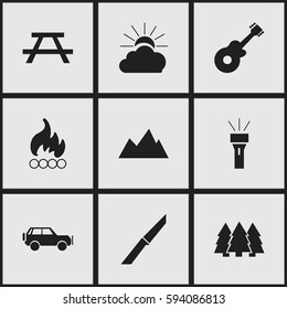 Set Of 9 Editable Camping Icons. Includes Symbols Such As Lantern, Knife, Peak And More. Can Be Used For Web, Mobile, UI And Infographic Design.