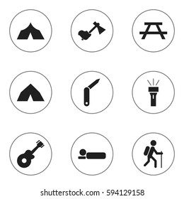 Set Of 9 Editable Camping Icons. Includes Symbols Such As Tepee, Gait, Musical Instrument And More. Can Be Used For Web, Mobile, UI And Infographic Design.