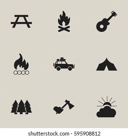 Set Of 9 Editable Camping Icons. Includes Symbols Such As Musical Instrument, Ax, Refuge And More. Can Be Used For Web, Mobile, UI And Infographic Design.