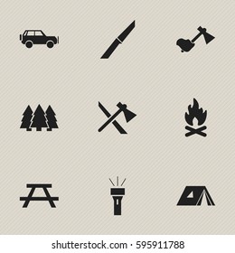 Set Of 9 Editable Camping Icons. Includes Symbols Such As Ax, Shelter, Pine And More. Can Be Used For Web, Mobile, UI And Infographic Design.