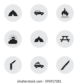 Set Of 9 Editable Camping Icons. Includes Symbols Such As Clasp-Knife, Voyage Car, Sport Vehicle And More. Can Be Used For Web, Mobile, UI And Infographic Design.