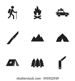 Set Of 9 Editable Camping Icons. Includes Symbols Such As Voyage Car, Knife, Tepee And More. Can Be Used For Web, Mobile, UI And Infographic Design.