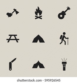 Set Of 9 Editable Camping Icons. Includes Symbols Such As Ax, Gait, Desk And More. Can Be Used For Web, Mobile, UI And Infographic Design.