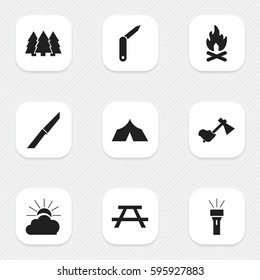 Set Of 9 Editable Camping Icons. Includes Symbols Such As Fever, Refuge, Desk And More. Can Be Used For Web, Mobile, UI And Infographic Design.