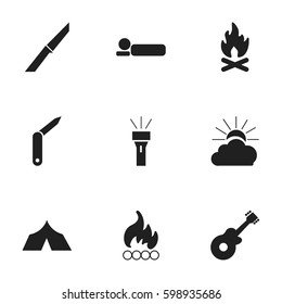 Set Of 9 Editable Camping Icons. Includes Symbols Such As Fever, Musical Instrument, Sunrise And More. Can Be Used For Web, Mobile, UI And Infographic Design.