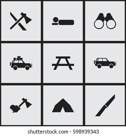 Set Of 9 Editable Camping Icons. Includes Symbols Such As Ax, Desk, Field Glasses And More. Can Be Used For Web, Mobile, UI And Infographic Design.