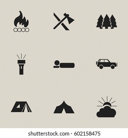 Set Of 9 Editable Camping Icons. Includes Symbols Such As Bedroll, Sport Vehicle, Blaze And More. Can Be Used For Web, Mobile, UI And Infographic Design.