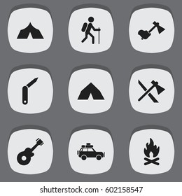 Set Of 9 Editable Camping Icons. Includes Symbols Such As Gait, Fever, Clasp-Knife And More. Can Be Used For Web, Mobile, UI And Infographic Design.