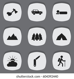 Set Of 9 Editable Camping Icons. Includes Symbols Such As Sunrise, Sport Vehicle, Ax And More. Can Be Used For Web, Mobile, UI And Infographic Design.