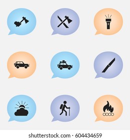 Set Of 9 Editable Camping Icons. Includes Symbols Such As Voyage Car, Sunrise, Sport Vehicle And More. Can Be Used For Web, Mobile, UI And Infographic Design.