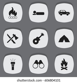 Set Of 9 Editable Camping Icons. Includes Symbols Such As Tomahawk, Bedroll, Fever And More. Can Be Used For Web, Mobile, UI And Infographic Design.