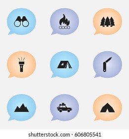 Set Of 9 Editable Camping Icons. Includes Symbols Such As Peak, Tepee, Clasp-Knife And More. Can Be Used For Web, Mobile, UI And Infographic Design.