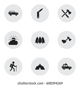 Set Of 9 Editable Camping Icons. Includes Symbols Such As Ax, Tomahawk, Sport Vehicle And More. Can Be Used For Web, Mobile, UI And Infographic Design.