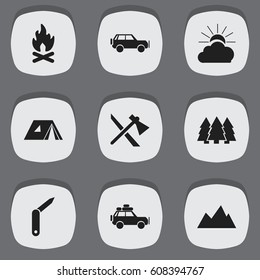 Set Of 9 Editable Camping Icons. Includes Symbols Such As Fever, Sport Vehicle, Voyage Car And More. Can Be Used For Web, Mobile, UI And Infographic Design.