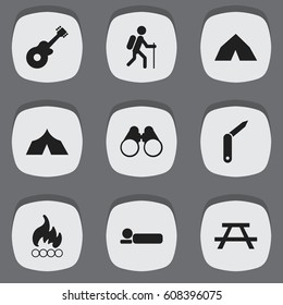 Set Of 9 Editable Camping Icons. Includes Symbols Such As Refuge, Field Glasses, Blaze And More. Can Be Used For Web, Mobile, UI And Infographic Design.