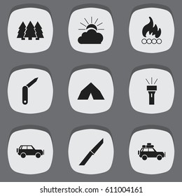 Set Of 9 Editable Camping Icons. Includes Symbols Such As Voyage Car, Clasp-Knife, Sunrise And More. Can Be Used For Web, Mobile, UI And Infographic Design.
