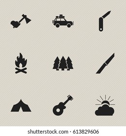 Set Of 9 Editable Camping Icons. Includes Symbols Such As Knife, Ax, Sunrise And More. Can Be Used For Web, Mobile, UI And Infographic Design.