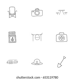 Set Of 9 Editable Camping Icons. Includes Symbols Such As Picnic, Shovel, Photographing And More. Can Be Used For Web, Mobile, UI And Infographic Design.