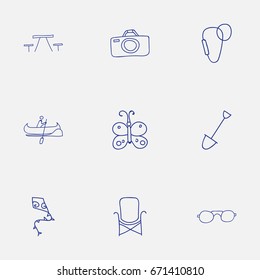 Set Of 9 Editable Camping Icons. Includes Symbols Such As Flying Toy, Eyeglasses, Boat And More. Can Be Used For Web, Mobile, UI And Infographic Design.