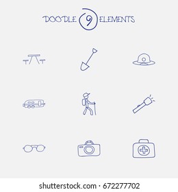 Set Of 9 Editable Camping Icons. Includes Symbols Such As Photographing, Hiker, Picnic And More. Can Be Used For Web, Mobile, UI And Infographic Design.