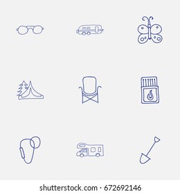 Set Of 9 Editable Camping Icons. Includes Symbols Such As Carabine, Camper, Seat And More. Can Be Used For Web, Mobile, UI And Infographic Design.
