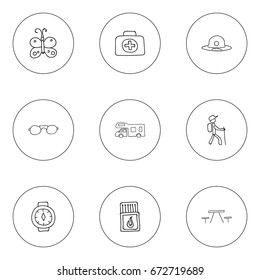 Set Of 9 Editable Camping Icons. Includes Symbols Such As Picnic, Medical Kit, Beach Hat And More. Can Be Used For Web, Mobile, UI And Infographic Design.