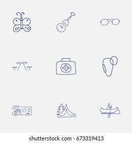 Set Of 9 Editable Camping Icons. Includes Symbols Such As Camp House, Eyeglasses, Picnic And More. Can Be Used For Web, Mobile, UI And Infographic Design.