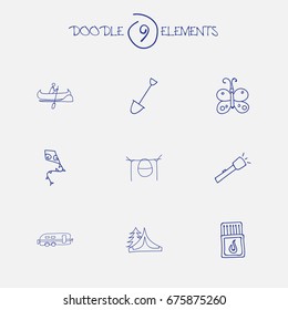 Set Of 9 Editable Camping Icons. Includes Symbols Such As Beauty Insect, Boat, Flashlight And More. Can Be Used For Web, Mobile, UI And Infographic Design.