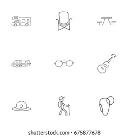 Set Of 9 Editable Camping Icons. Includes Symbols Such As Musical Instrument, Hiker, Seat And More. Can Be Used For Web, Mobile, UI And Infographic Design.