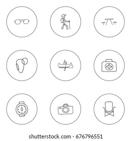 Set Of 9 Editable Camping Icons. Includes Symbols Such As Wrist Clock, Photographing, Boat And More. Can Be Used For Web, Mobile, UI And Infographic Design.
