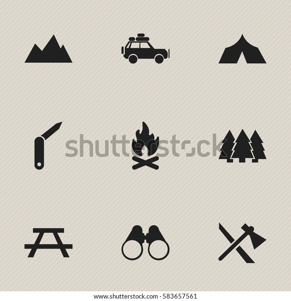 Set Of 9 Editable Camping Icons.\
Includes Symbols Such As Desk, Field Glasses, Pine And More. Can Be\
Used For Web, Mobile, UI And Infographic\
Design.